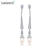 luoteemi new fashion statement ear jewelry brincos shining cz simulated pearl pendant long drop earrings for women summer style