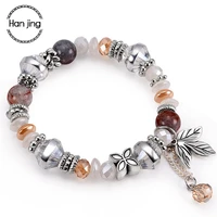 fashion glass crystal beads charm bracelets bangles for women silver color leaf tassel bracelet pulseras diy jewelry bisuteria