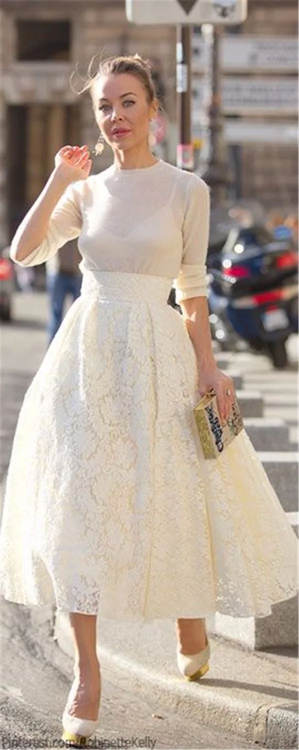 Элегантная кружевная юбка цвета слоновой кости до середины икры винтажная