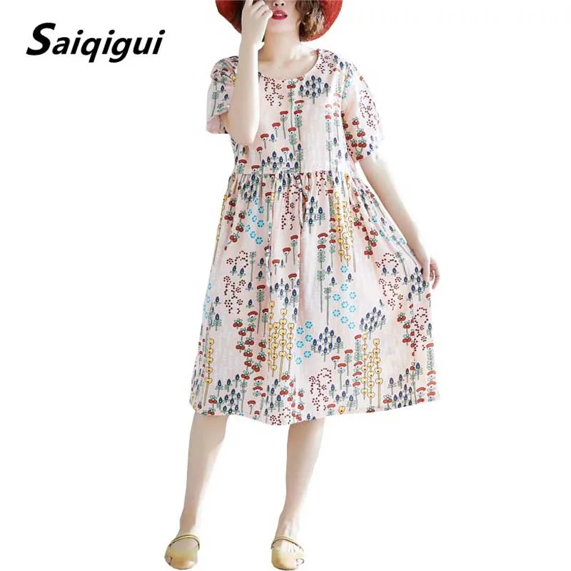 Женское свободное платье трапеция из хлопка и льна с круглым вырезом коротким