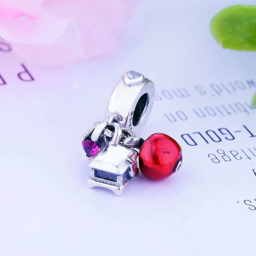 Подходит для оригинальных шармов Pandora Браслеты стерлингового серебра 925 пробы Яблоко& бусины в форме сердца с красной эмалью DIY ювелирные изделия подарок Berloques