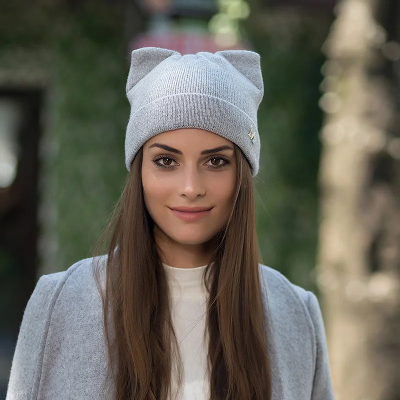 Зимняя женская шапка Skullies Beanies Милая шапка для девочек Осенняя шапочка-бини шапка s теплая шапка женская Повседневная шапка - Цвет: grey