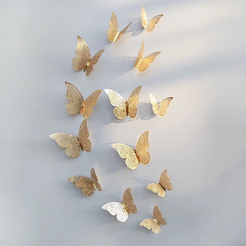 12pcs golden B 12 шт 3D двухслойная Бабочка Наклейка на стену для домашнего декора DIY бабочки магнит на холодильник наклейки для украшения комнаты - Цвет: 12pcs golden B