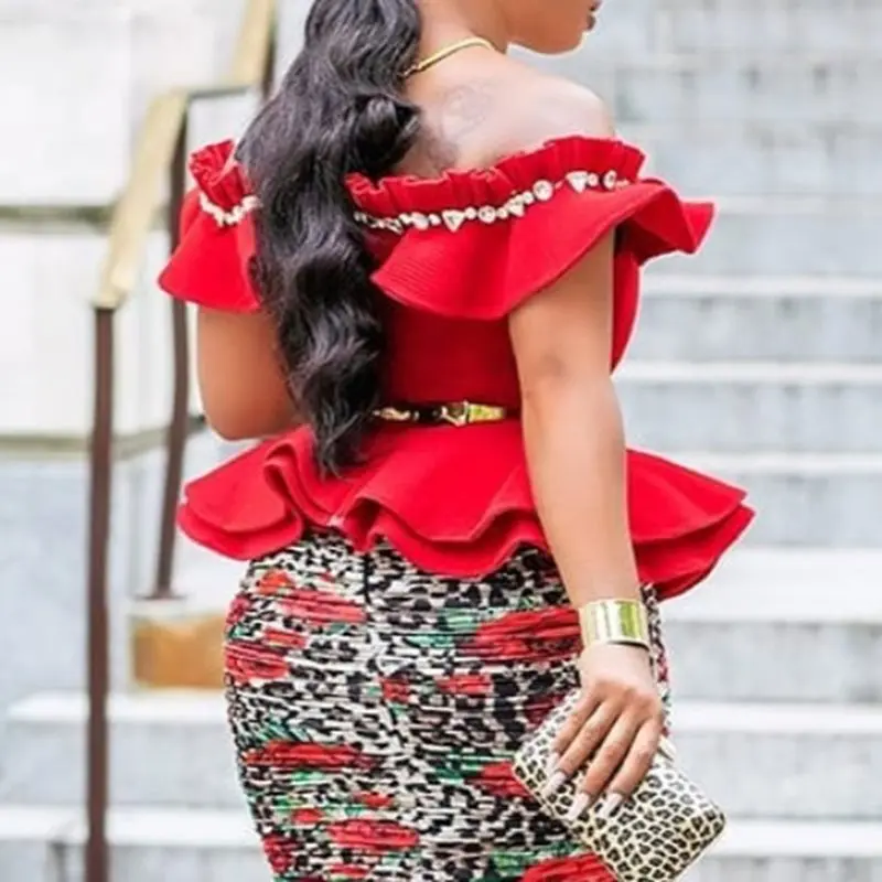 Summer Elegant Sexy Club Plus Size Sweet Blouse Women Slim Off Shoulder Plain Falbala Chic Vintage African Fashion Tops Shirts |