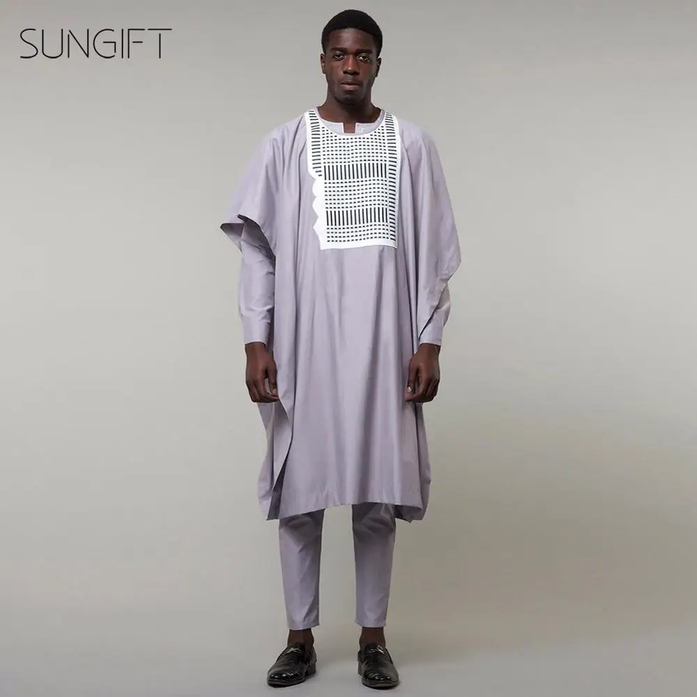 SUNGIFT Мужская африканская Обычная круглая горловина Agbada Топ dashiki серые рубашки