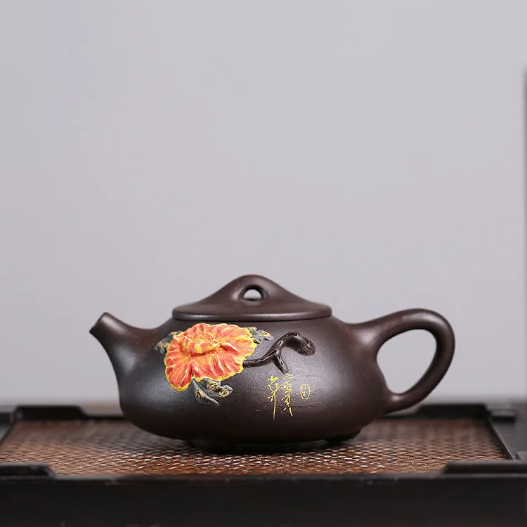 

Pottery Teapot Full Manual Raw Ore Black Gold Just Peony Stone Drum Famous Light On The Water Clear Kung Fu Tea Have Teapot