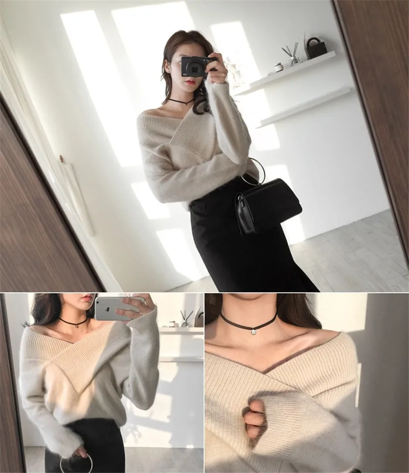 Sexy Cold Shoulder Halter Knitted Sweaters Women Casual Streetwear Beige Pullover Autumn Winter jumpers 2018 | Женская одежда