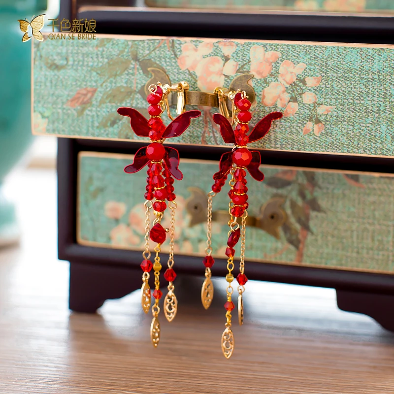 Китайский невесты головной убор костюм заколки красная бабочка шпильки