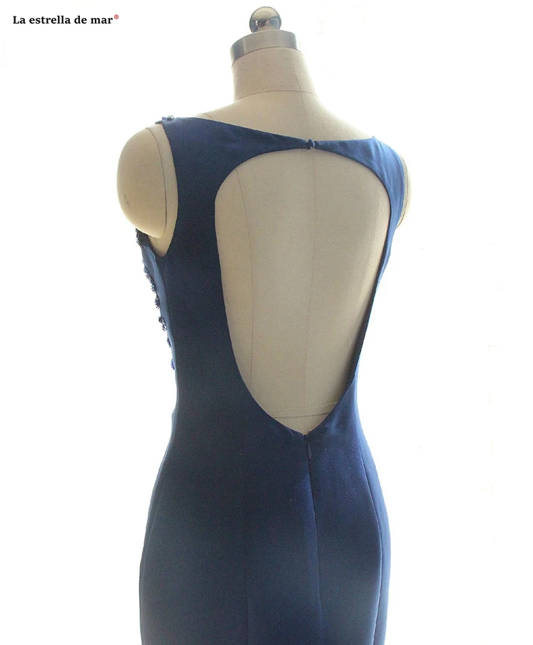 

Vestidos De Fiesta De Noche Largos Elegantes New Scoop Neck Satin Crystal Beaded Back Navy Blue Prom Gown Custom Galajurk