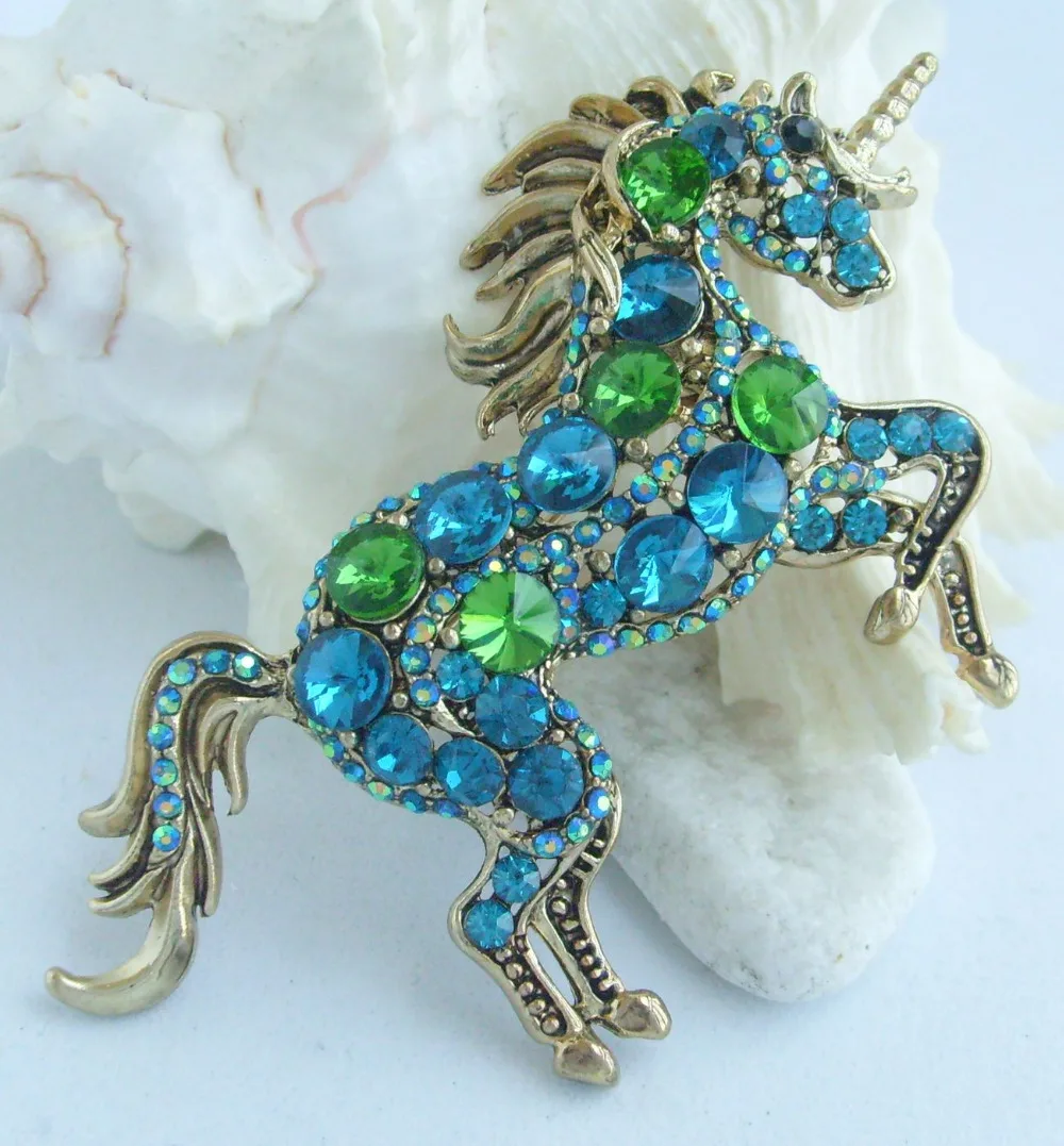 Unique Animal Unicorn Horse Brooch Pin Blue Green Rhinestone Crystal Pendant EE06172C2 | Украшения и аксессуары