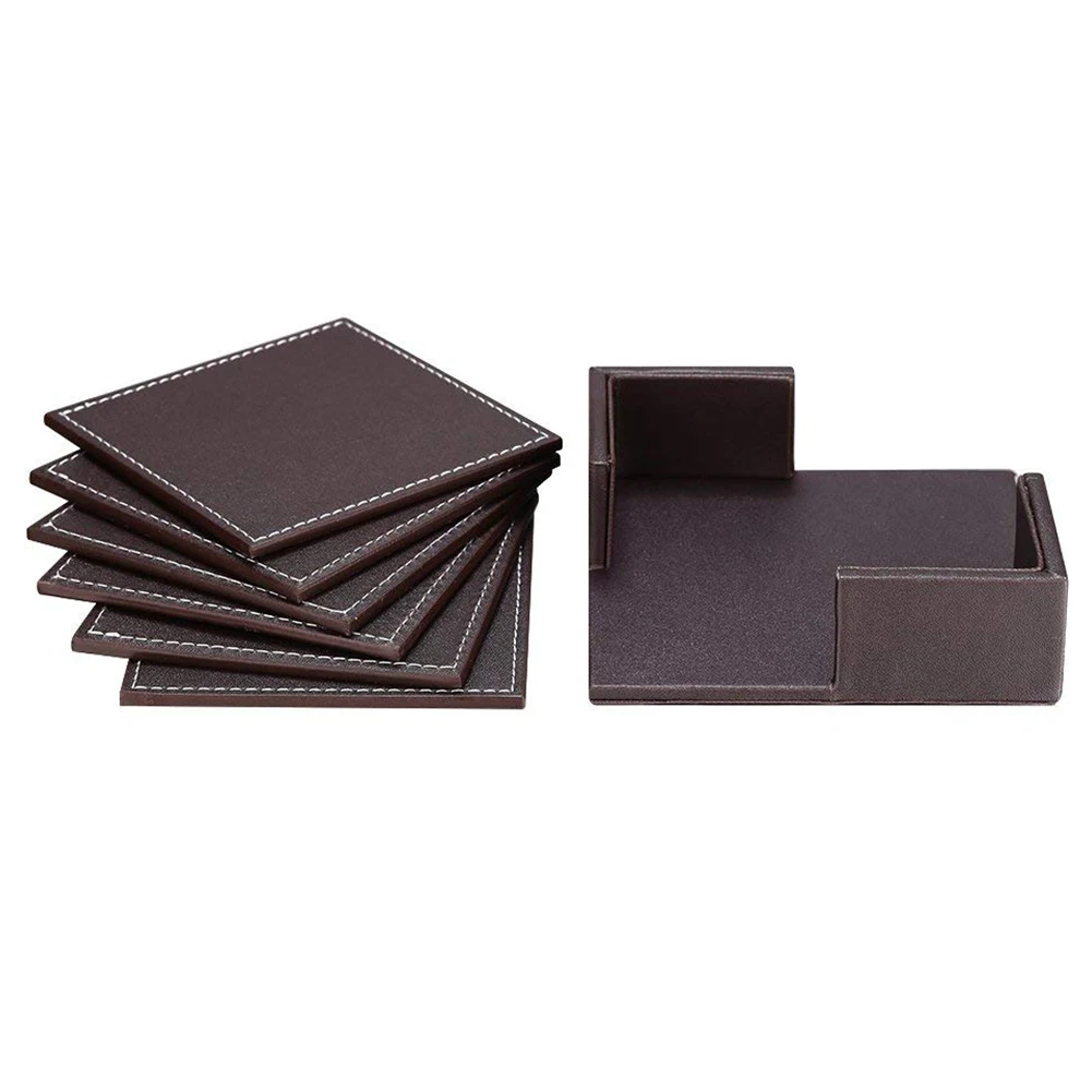 Coasters For Drinks Leather Set With Holder Of 6 Protect Furniture From Water Marks Scratch And Damage (Sqaure Br | Дом и сад