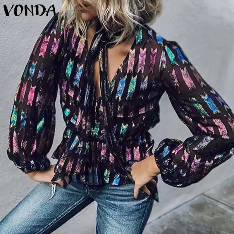 VONDA Блуза женская винтажная сексуальная с v-образным вырезом и длинным рукавом рубашки с принтом осенние блузки OL рубашки вечерние топы женские туники размера плюс