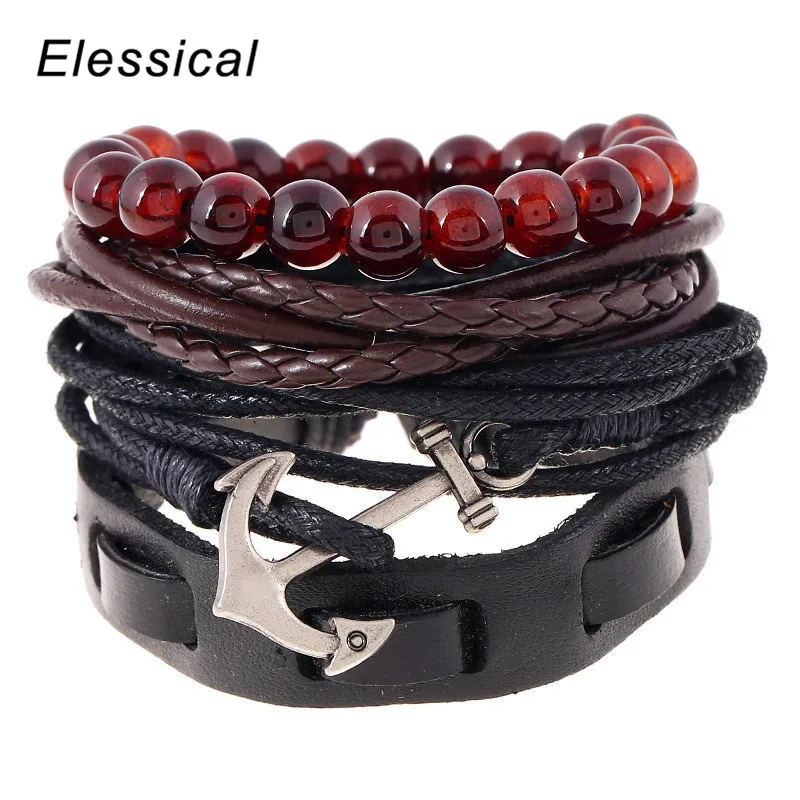 ELESSICAL модные несколько слоев Кожаные браслеты классический бисером DIY веревка