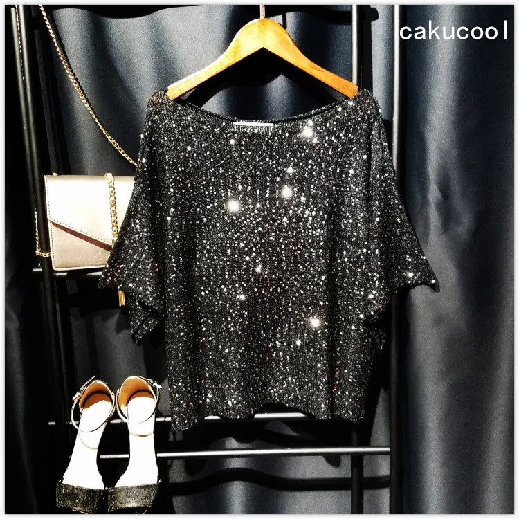 Женская трикотажная рубашка Cakucool расшитая блестками с коротким рукавом вырезом