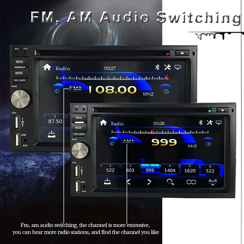 MP3 HD 6,5-inch видео Предупреждение Функция 1080P формат видео Bluetooth большой Экран FM, 7 цветов, Подсветка двухшпиндельный