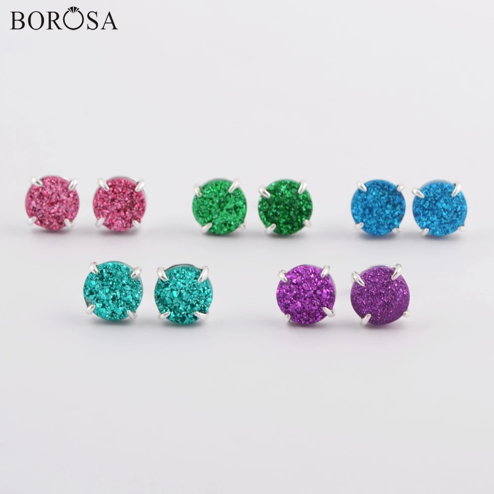 

Круглые серьги-гвоздики BOROSA ZS0412 с посеребренным покрытием, 10 мм, натуральный агат, друза, титановые радужные серьги-гвоздики, ювелирные изделия