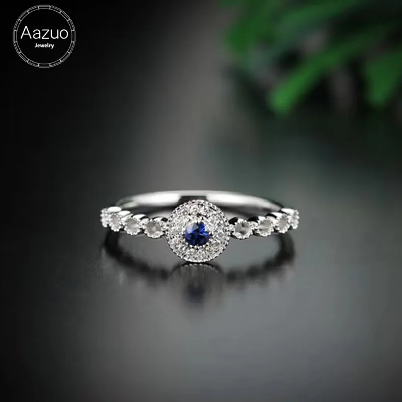 

Aazuo Real 18K White Gold Jewelry Real Diamond IJ SI 0.045ct Micro Pave Natural Blue Sapphire Round Rings gifted for Women Au750