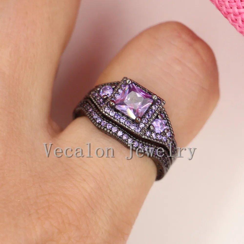 Vecalon Tremdy New Wedding Band Ring Set for Women purple AAAAA Zircon Cz 10KT Black Gold Filled Female Engagement ring | Украшения и