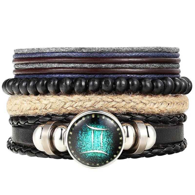 4Pcs/set Black Leather Zodiac 12 Constellation Sign with bead zodiac Bracelet Bracelets &amp Bangles For Women Men | Украшения и