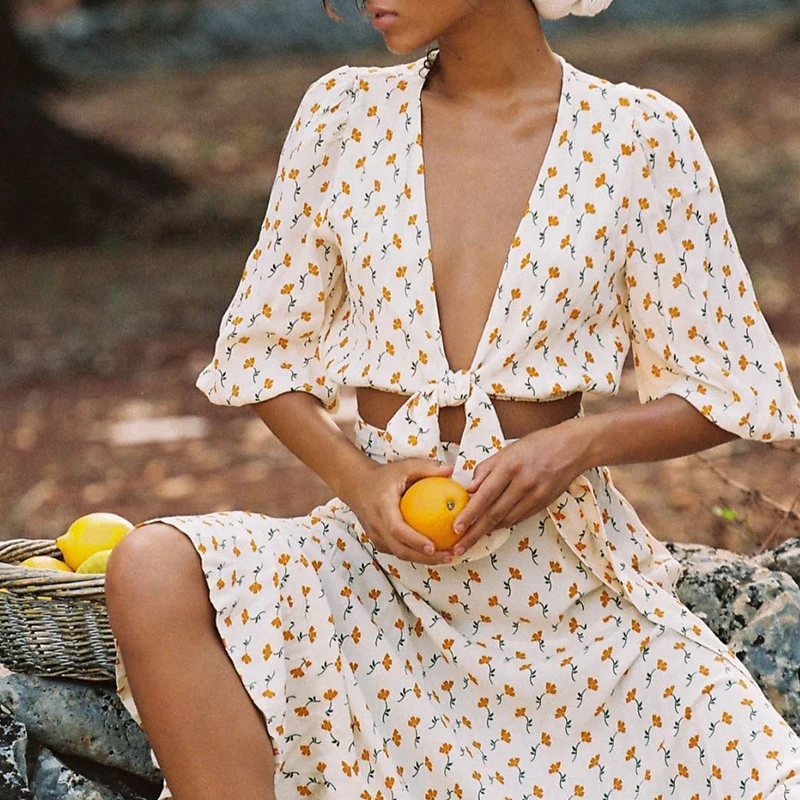 Цветочный принт винтажное покрытие v-образный вырез сексуальный короткий летний