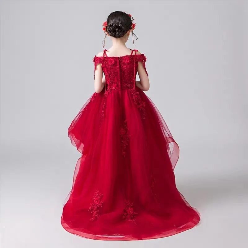 

Children Kids Elegant Shoulderless Collar Purple Birthday Evening Party Long Dress 2019Summer Luxury Girls Piano Costume Dress