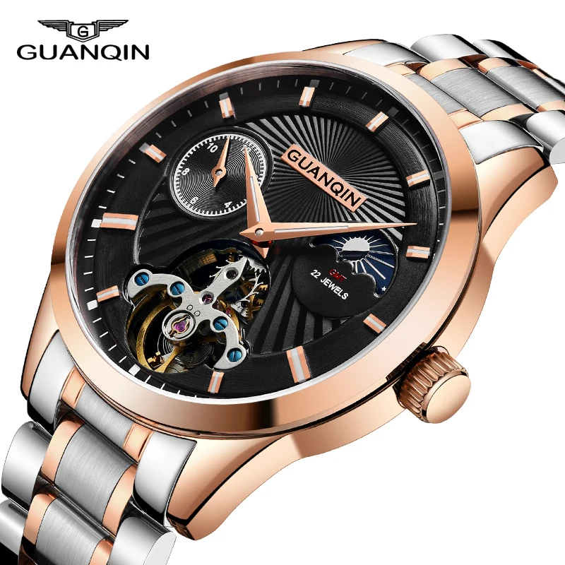 

GUANQIN Mechanical Watches Men Luxury 2021 Steel Band Men Wrist Watch Gold Tourbillon Automatic Male Clock Man Moon phase Watch