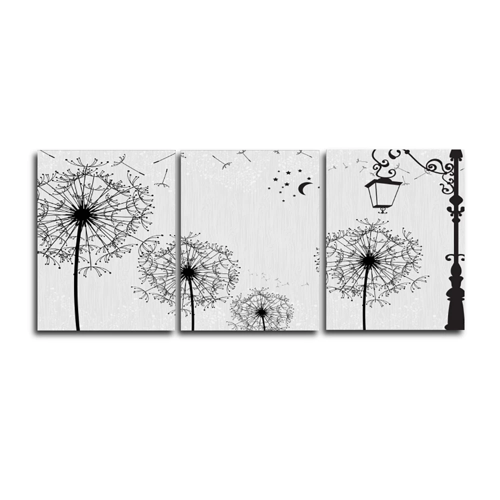 

Laeacco Canvas Calligraphy Painting 3 Panel Cartoon Dandelion Flower Posters and Prints Wall Art Pictures Home Living Room Decor