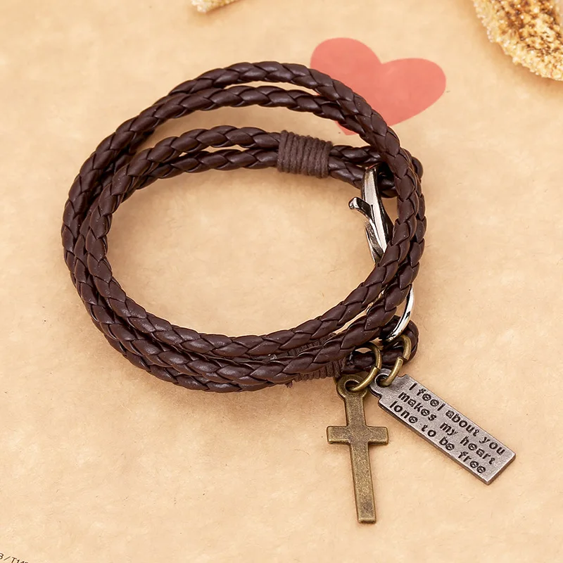 Тонкий кожаный браслет мужской, плетеный браслет с застежкой-карабином, украшенный крестиками, женские украшения.