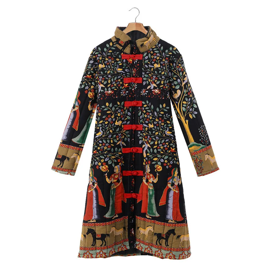 Женская длинная парка оверсайз с винтажным принтом зимние теплые свободные