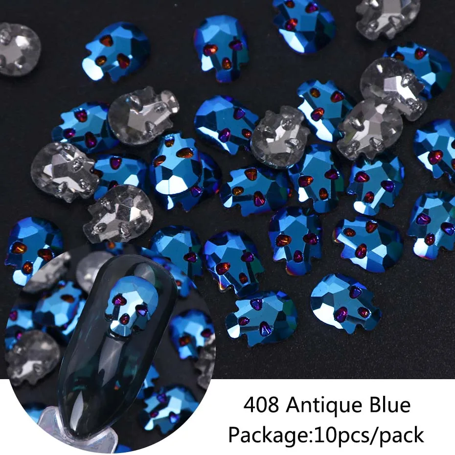 10pcs 408 10 шт 3D Череп Кость Стразы для ногтей ювелирные изделия драгоценные камни Хэллоуин талисманы Flatback камни для дизайна ногтей украшения маникюрные аксессуары LA963 - Цвет: 10pcs 408