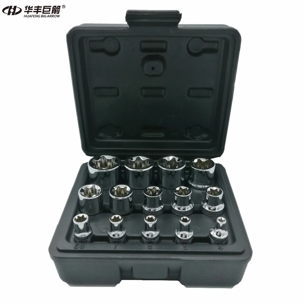 

HUAFENG BIG ARROW 14PC E Torx Star Female Bit Socket Set with a Strong Case CRV 1/2"/3/8"/1/4" Drive E4 -E24