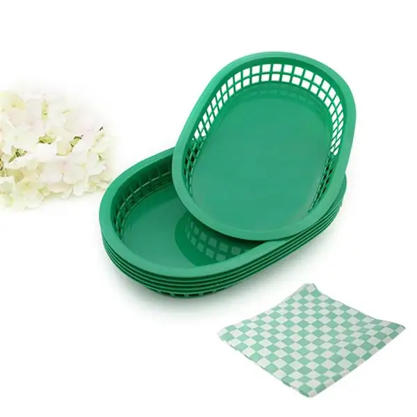 6pcs Green 24 paper 6 шт 10," Большая пластиковая корзина для фаст-фуда 24 шт проверенные восковые покрытые бумажные обеденные тарелки поднос для сервировки еды Ресторан - Цвет: 6pcs Green 24 paper