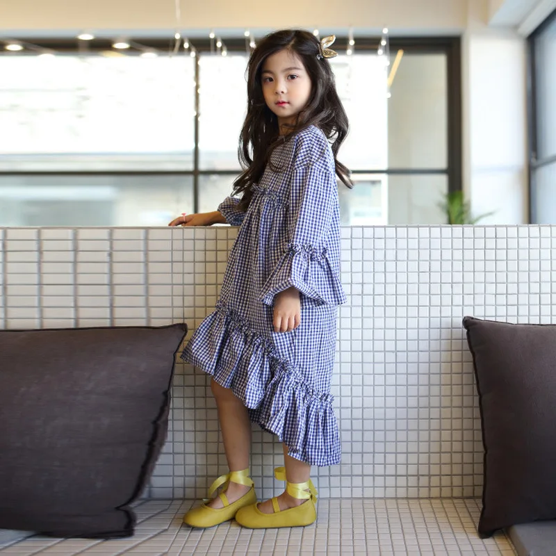 Children Clothing Kid Girls Dress 2019 New Korean Style Spring Autumn Cotton Plaid Princess Dresses Big Girl Ruffle GDR530 | Детская