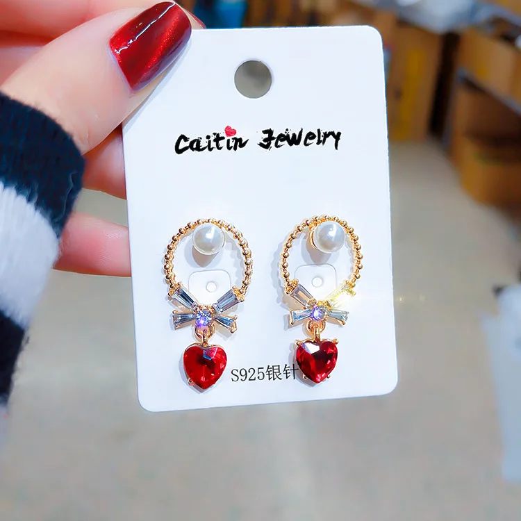 S925 Silver Simple Red Crystal Love Earring Geometry Round Inlaid Pearl For Women Fashion Jewelry 2019 | Украшения и аксессуары