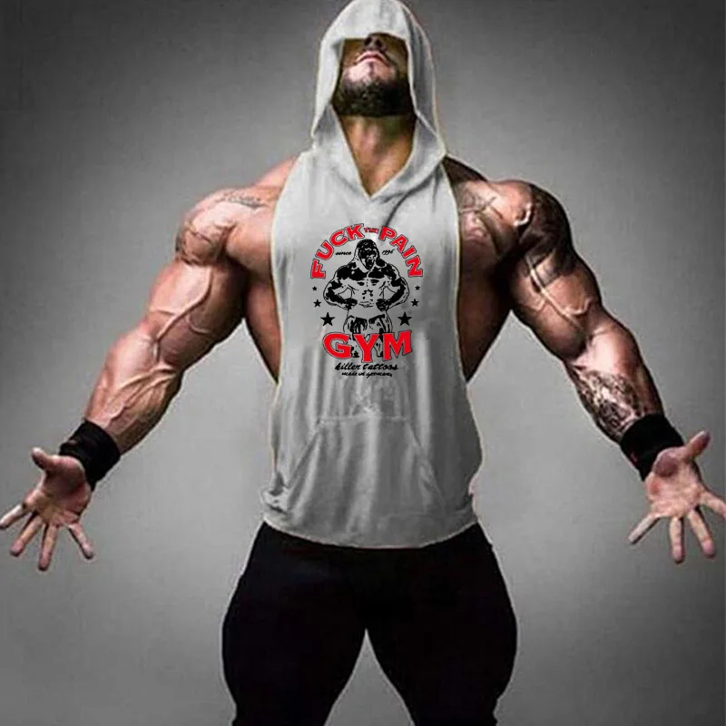 

Brand Gym Clothing Fitness Men Cotton Tanktop with hooded Mens Bodybuilding Gym Stringer Tank workout Singlet Sleeveless Shirt