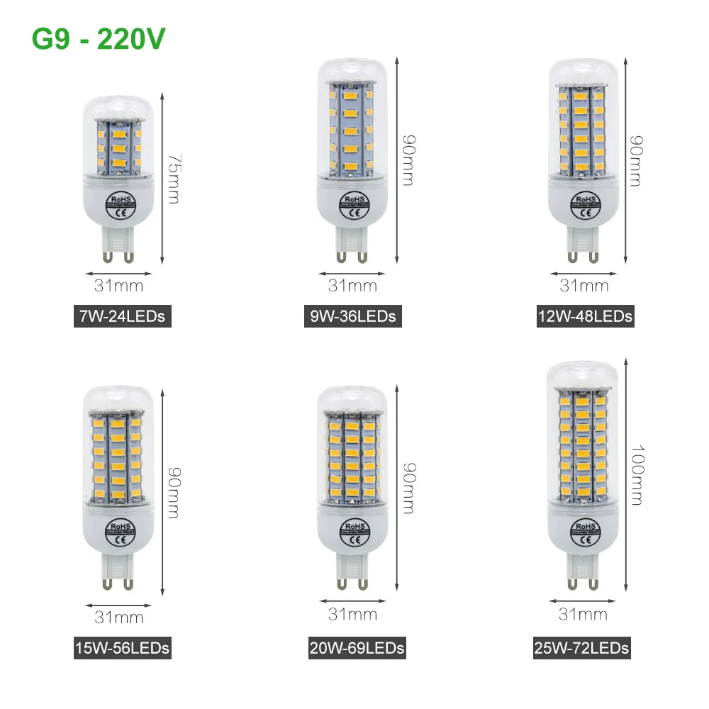 Светодиодная лампа кукуруза G9 7/12/15/18/20/25 Вт 5730 SMD 200 240 В переменного