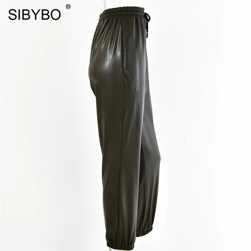 SIBYBO повседневные брюки с высокой талией из искусственной кожи, женские модные узкие брюки с карманами на завязках, однотонные уличные осенние женские брюки