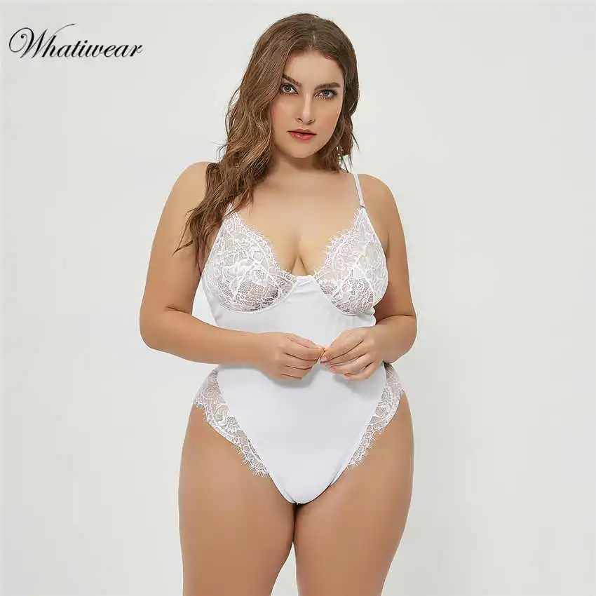 Whatiwear, боди размера плюс в сетку, Кружевное боди для женщин, открытая спина, прозрачный, прозрачный, сексуальный комбинезон, комбинезон на лямках, боди, стринги - Цвет: White