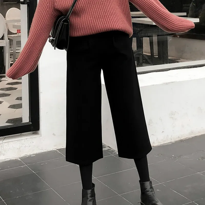 Женские широкие брюки pantalon черные повседневные с высокой талией в Корейском