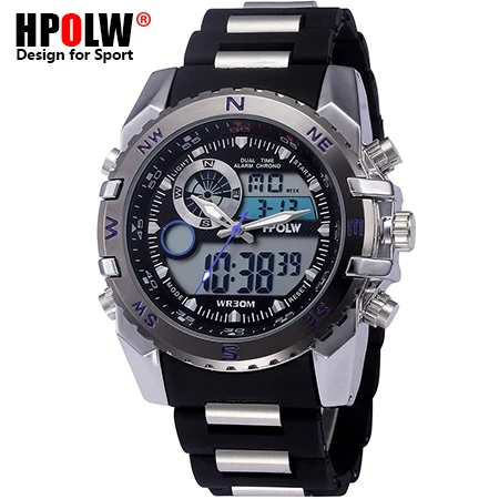Black Blue HPOLW Роскошные брендовые стальные часы мужские светодиодный спортивные армейские часы Мужские кварцевые аналоговые цифровые часы Relogio masculino - Цвет: Black Blue