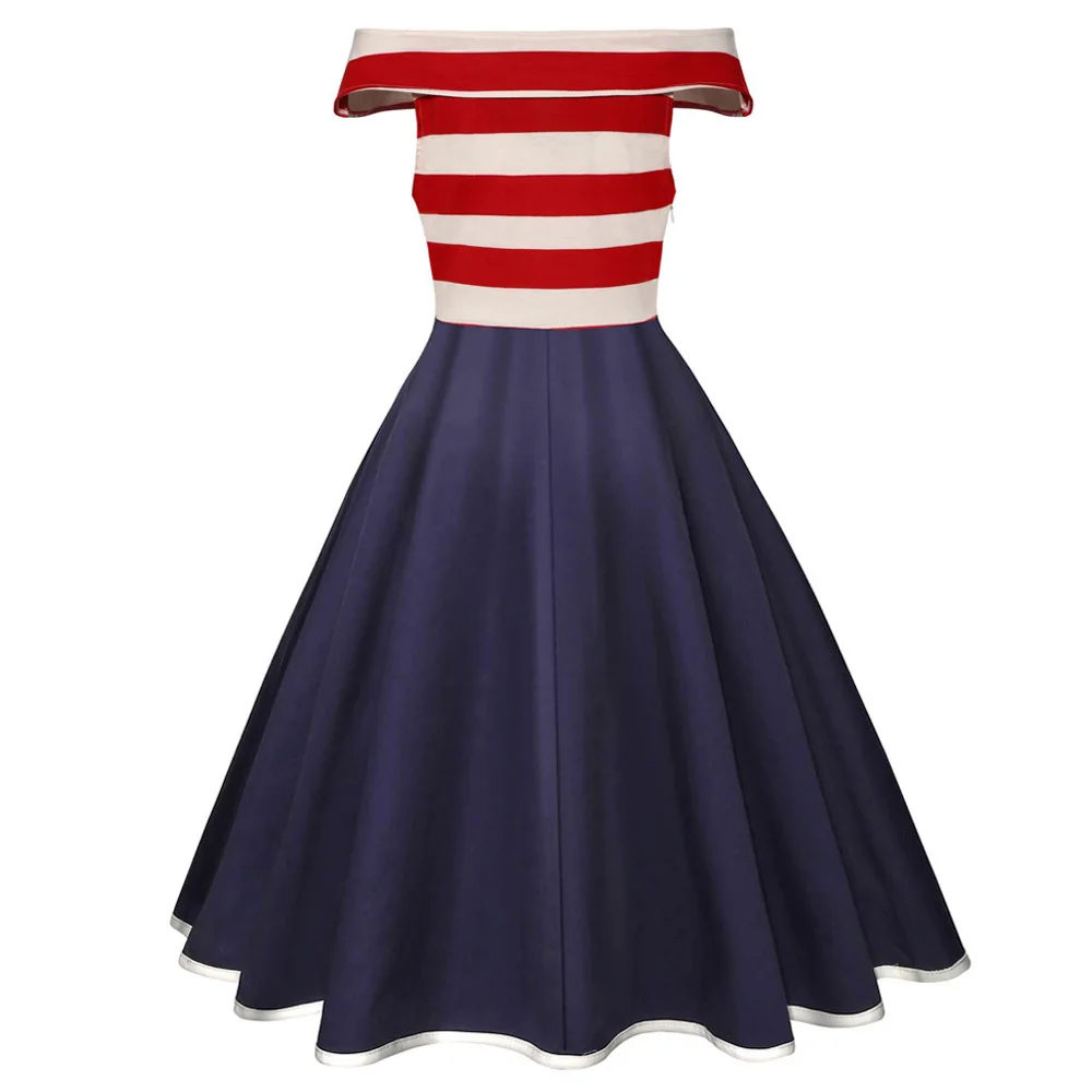 Joineles Stripe Patchwork Women Retro Dress Slash Neck Short Sleeves Summer Vintage 60s Audrey Hepburn Rockabilly Vestidos | Женская