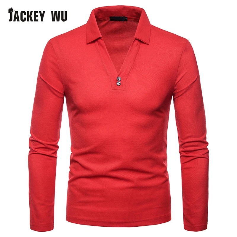JACKEYWU Мужская рубашка поло 2019 Мода v образный вырез с длинным рукавом футболки