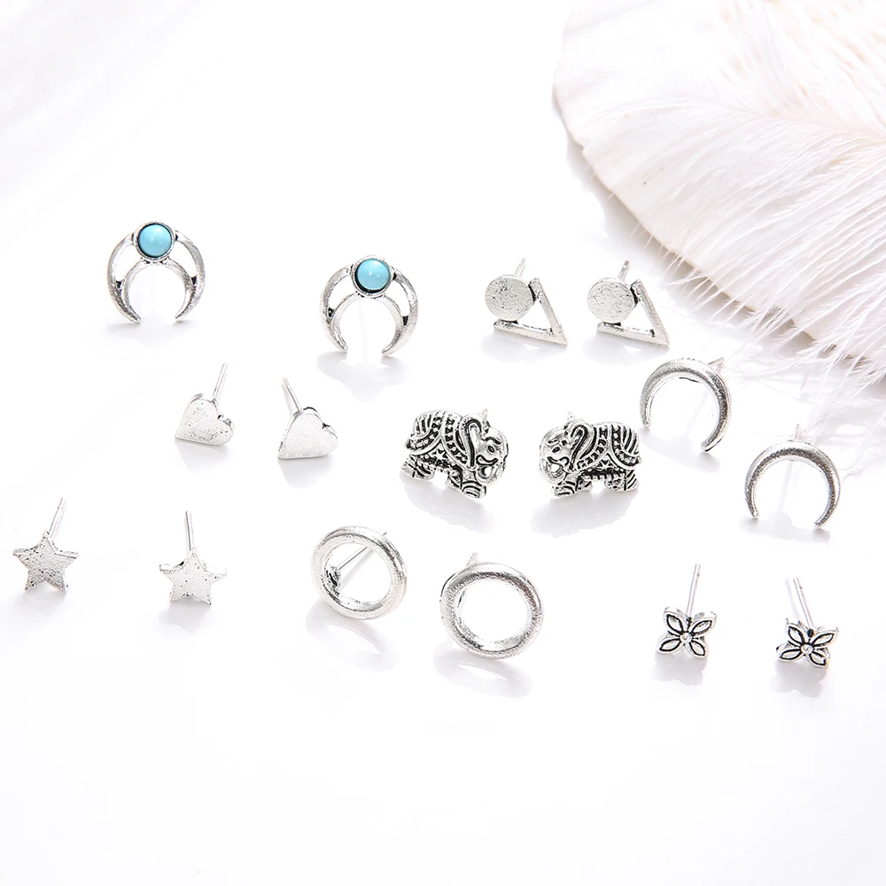 8 пар/компл. Boho слон серьги в виде Луны и звезды для Для женщин Boucle D'oreille ювелирные изделия в богемном стиле сердце Стад Серьги капли Brincos