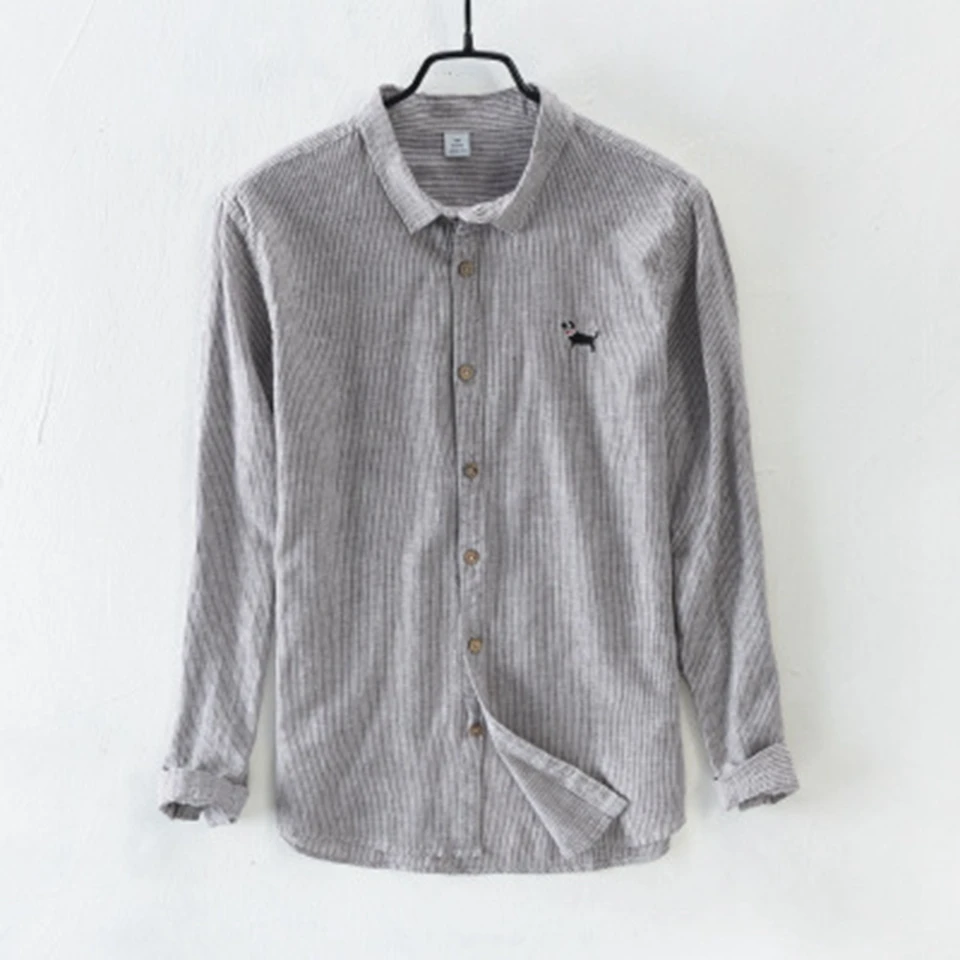 

Men Casual Shirt 55% Linen 45% Cotton Breathable Anti-static Blue Grey Flax Cool Quality Linum Long Sleeve Stripe Man Shirts