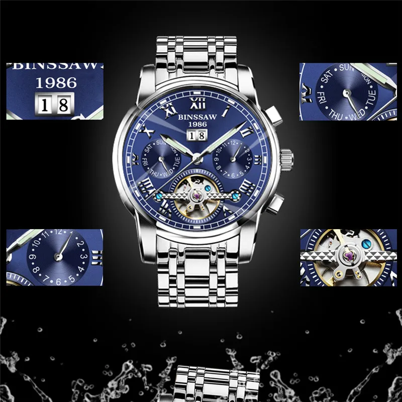 Мужские автоматические механические часы с турбийоном BINSSAW брендовые роскошные