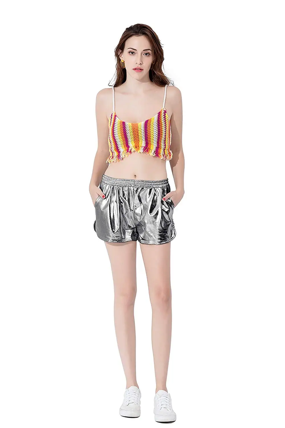 

ICOSTUMES Womens Casual Shiny Metallic Elastic Waist Loose Shorts with Pockets