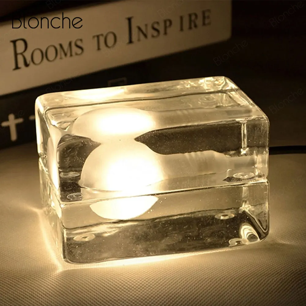 Modern LED Table Lamps Ice Cubes Bedside Lamp Nordic Creative Bedroom Light Transparent Glass Light Fixtures for Counter Decor