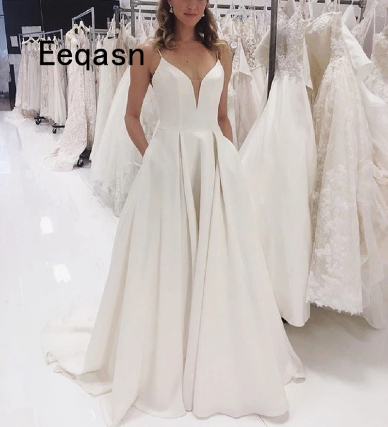 Скромные Длинные свадебные платья 2020 Турция v образный вырез атласная