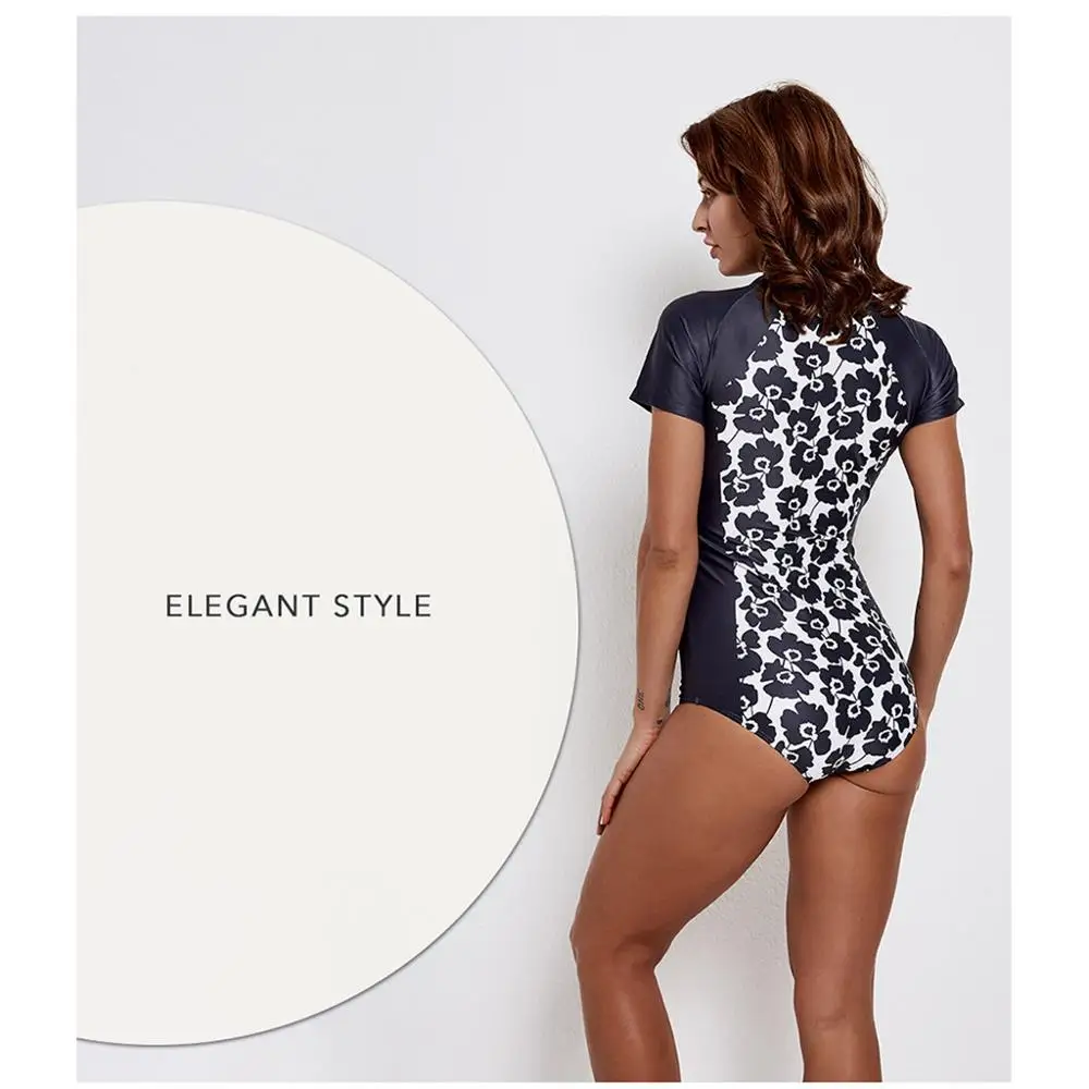 

Short Sleeve Rash Guard Women Patchwork One Piece Swimsuit Zipper Swimwear Surfing Suit Diving Clothes