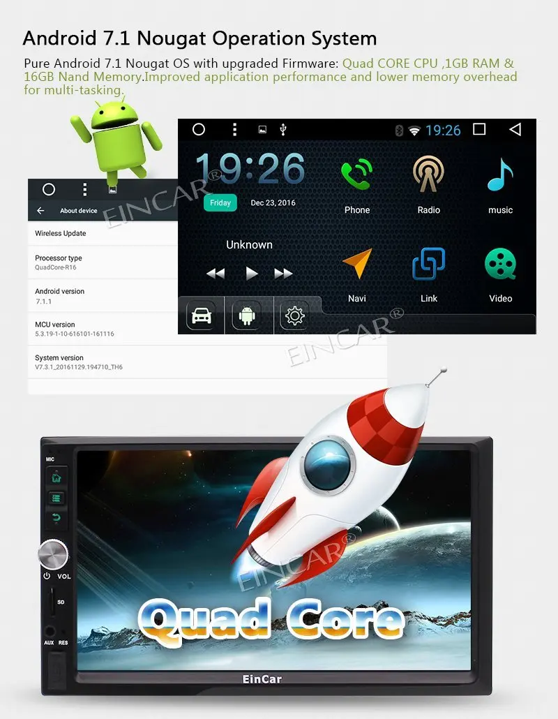 Eincar 7 ''автомобильный стерео Android 1 gps трекер 2Din в тире четырехъядерный